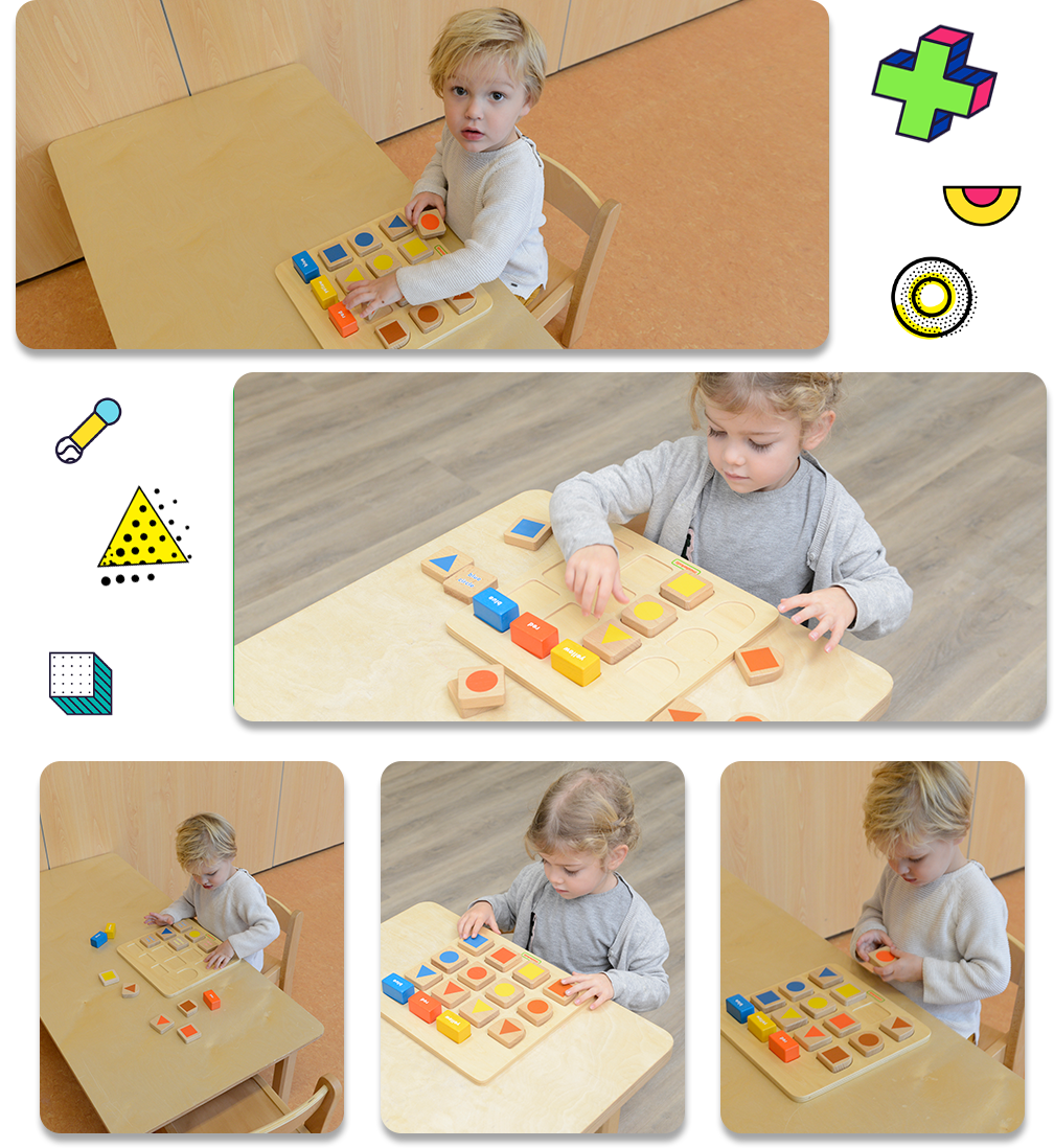 The 3 rectangular blocks on the top row represent 3 basic colours red, yellow and blue. The 3 semi-circular blocks on the left column represent 3 baisc shapes triangle, circle and square.    To play, teacher or parent can use any one of the 3 semi-circular blocks and the 3 rectangular blocks, and ask the kid to match the square blocks with the colour blocks. Or, to place all 3 colour blocks and all shape blocks on the board, ask the kid to place all 9 square blocks at the right positions.    A perfect toy for shape learning, colour recognition and logical thinking skills development.