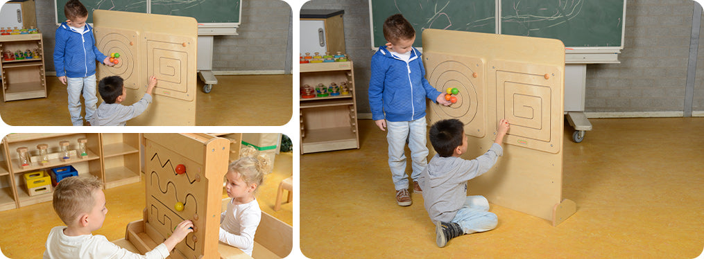 A sliding maze game to help develop fine motor skills together with shape recognition. This product features different types of waves, a spiral and straight lines.  Made from sturdy European wood, the maze board can be used either wall mounted or with the Masterkidz Free-standing Painting Window. Made from Russian Birch plywood and Beech Wood wood. 