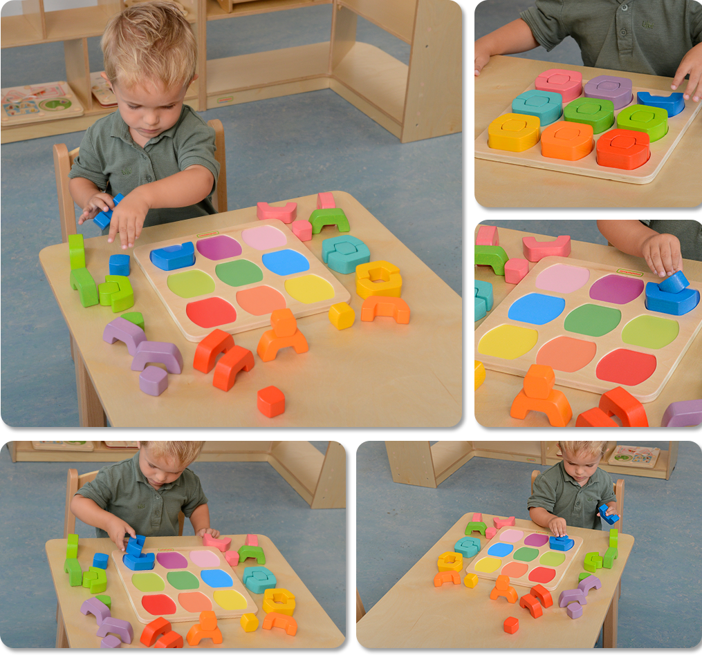 This is a toy that can support children to explore their different abilities.  It seems simple, but it is actually very versatile. It will help with the development of fine motor skills, colour matching and sorting and hand eye coordination.