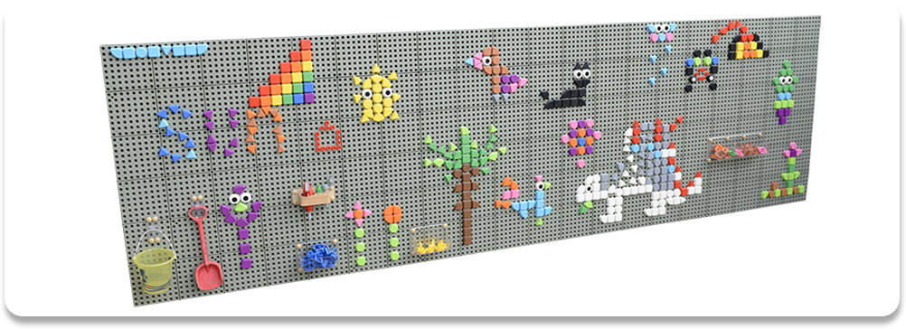 The Masterkidz STEM WALL® comes with colourful pegs in 14 colours which can be simply pressed into place or pulled out at ease to make sequences, patterns or even create murals. They can also be used with elastic bands to create regular shapes and to hang things on like dressing up clothes. Pegs made of water and UV resistant materials are resistant to fading and cracking from the sun. Ideal for both indoor and outdoor uses.
