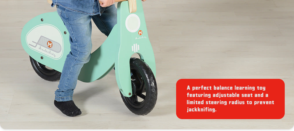 A perfect balance learning toy featuring adjustable seat and a limited steering radius to prevent jackknifing.