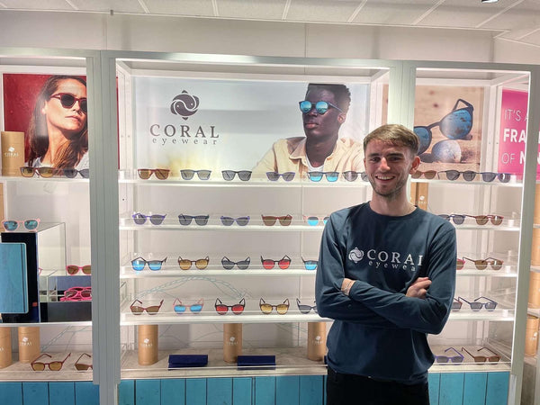 Young Entrepreneur George Bailey stood in a Coral Eyewear Sunglasses store