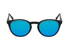 Black round sunglasses with blue polarised lens