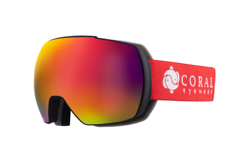 Red ski goggles with mirrored lens