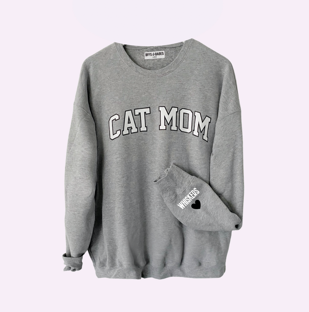 LOVE ON THE CUFF ♡ static gray cat mom sweatshirt with personalized cu –  BFFS & BABES