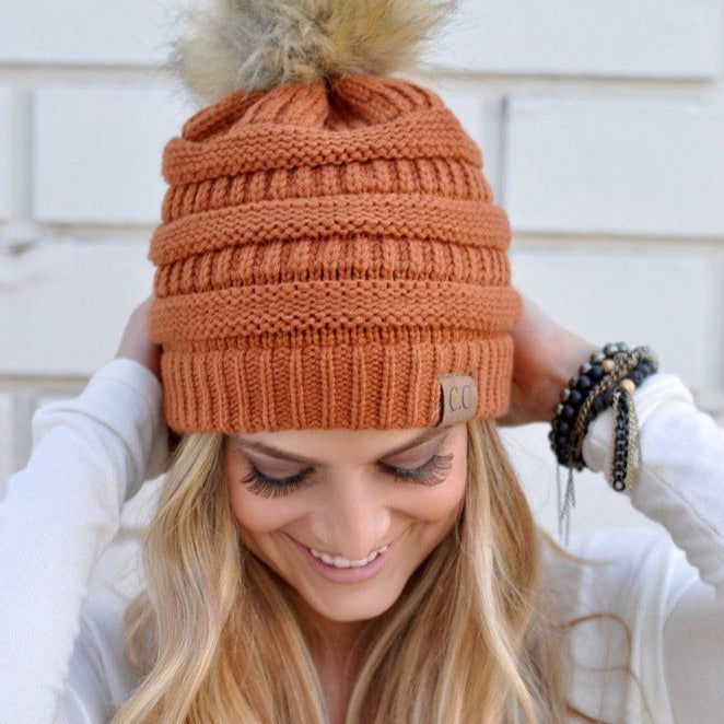 brown pom hat