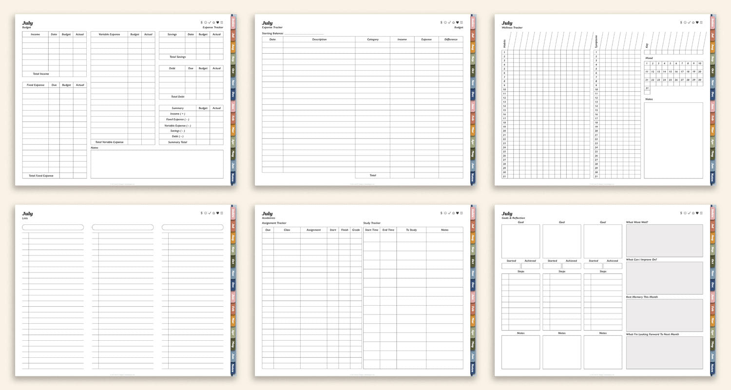monthly inserts such as assignment tracker, budget, expense tracker