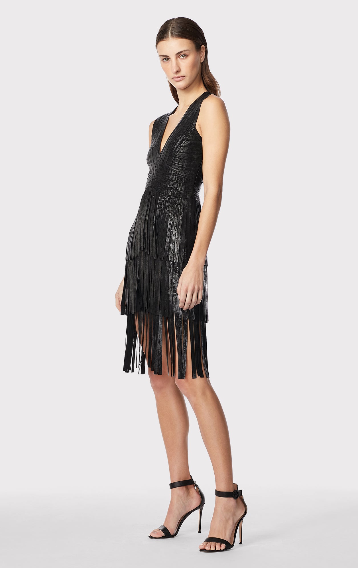 V Neck Foil Fringed Midi Dress HervÉ LegÉr 1293