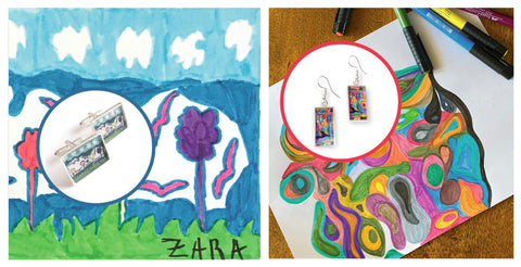 side by side pics of kids artwork and jewelry made with that artwork