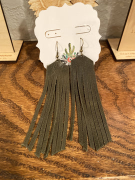 Olive Fringe Leather Earrings