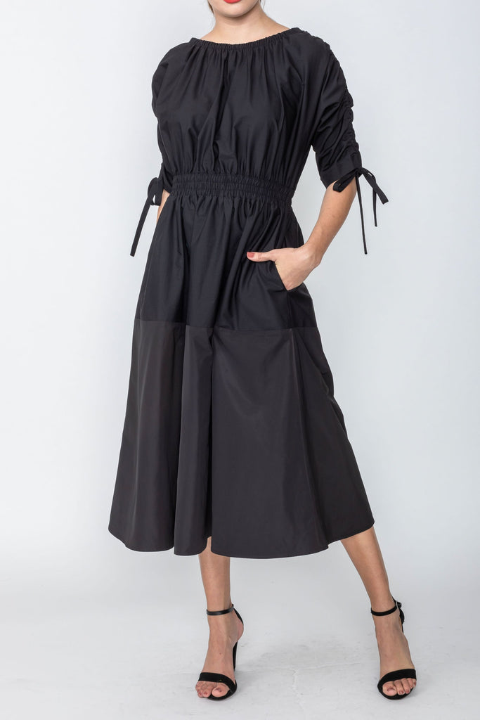 Black Bateau Neckline Sleeve Draw-Cord Dress – IC Collection