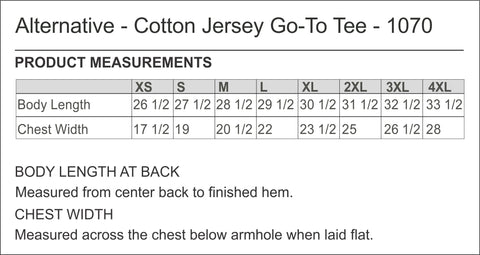 Alternative 1070 Go To Tee Size Chart