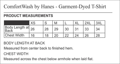 Size chart for comfort wash tees by hanes