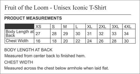 Size chart for fruit of the loom iconic tee