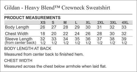 Gildan crewneck sweatshirt Size chart