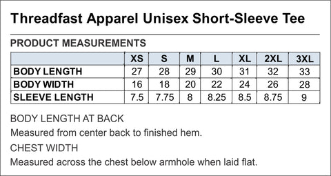 Threadfast short sleeve tee size chart