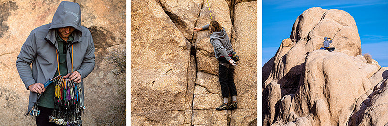 Marcus climbing in the grey Florence Marine X Stormfleece Hoodie