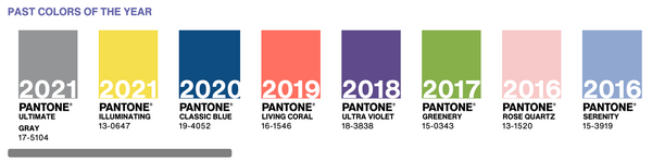 Past colors of the Year, from Pantone