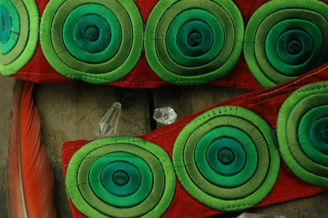 Bullseye: Green, Red Festive Silk Trim, Ribbon, Sari Border, India 3"x1 Yard / Christmas, Circular, Repeating Pattern, Sewing Supplies DIY, WomanShopsWorld