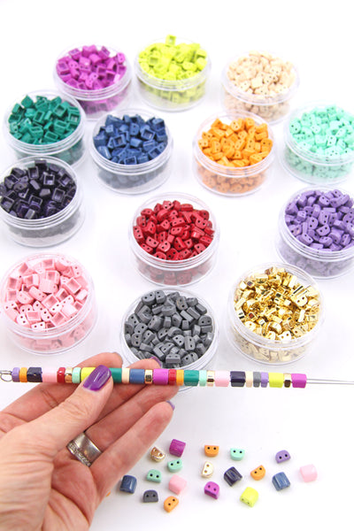 Enamel Tile Beads, Rectangle & Square 2-Hole Beads, Multicolor Assortment,  40 pieces
