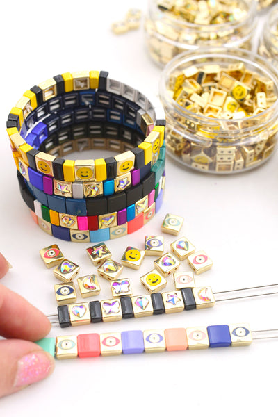 Enamel Tile Beads, Rectangle & Square 2-Hole Beads, Multicolor Assortment,  40 pieces