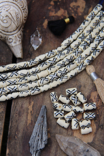 Black Cubed Bullseye: Hand Carved Bone Beads, 8x7mm, 27 pieces