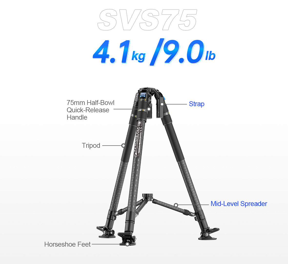 Ce trépied professionnel SVS75 est léger et résistant. Il comprend également une poignée à dégagement rapide en demi-bol de 75 mm, un écarteur de niveau intermédiaire, des pieds en fibre de carbone et des sangles.