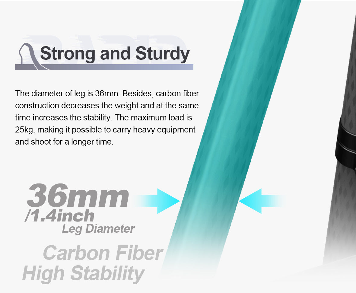 Les pieds de trépied solides et robustes en fibre de carbone mesurent 36 mm de diamètre. Avec une capacité de poids maximale de 25 kg, vous pouvez transporter du matériel lourd et filmer pendant de longues périodes.