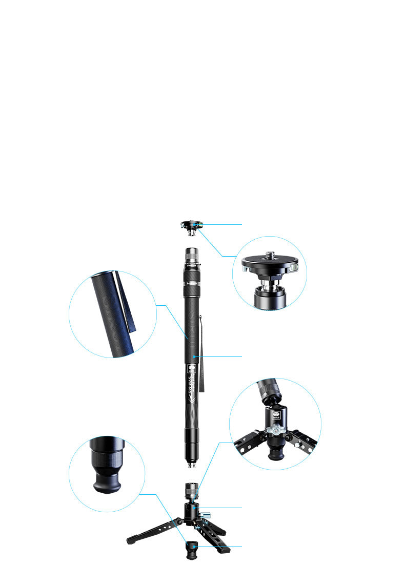 Modular Design Three in One-The mounting plate, monopod leg and tripod base can be detached and freely combined into a monopod, an extension rod or a tabletop tripod