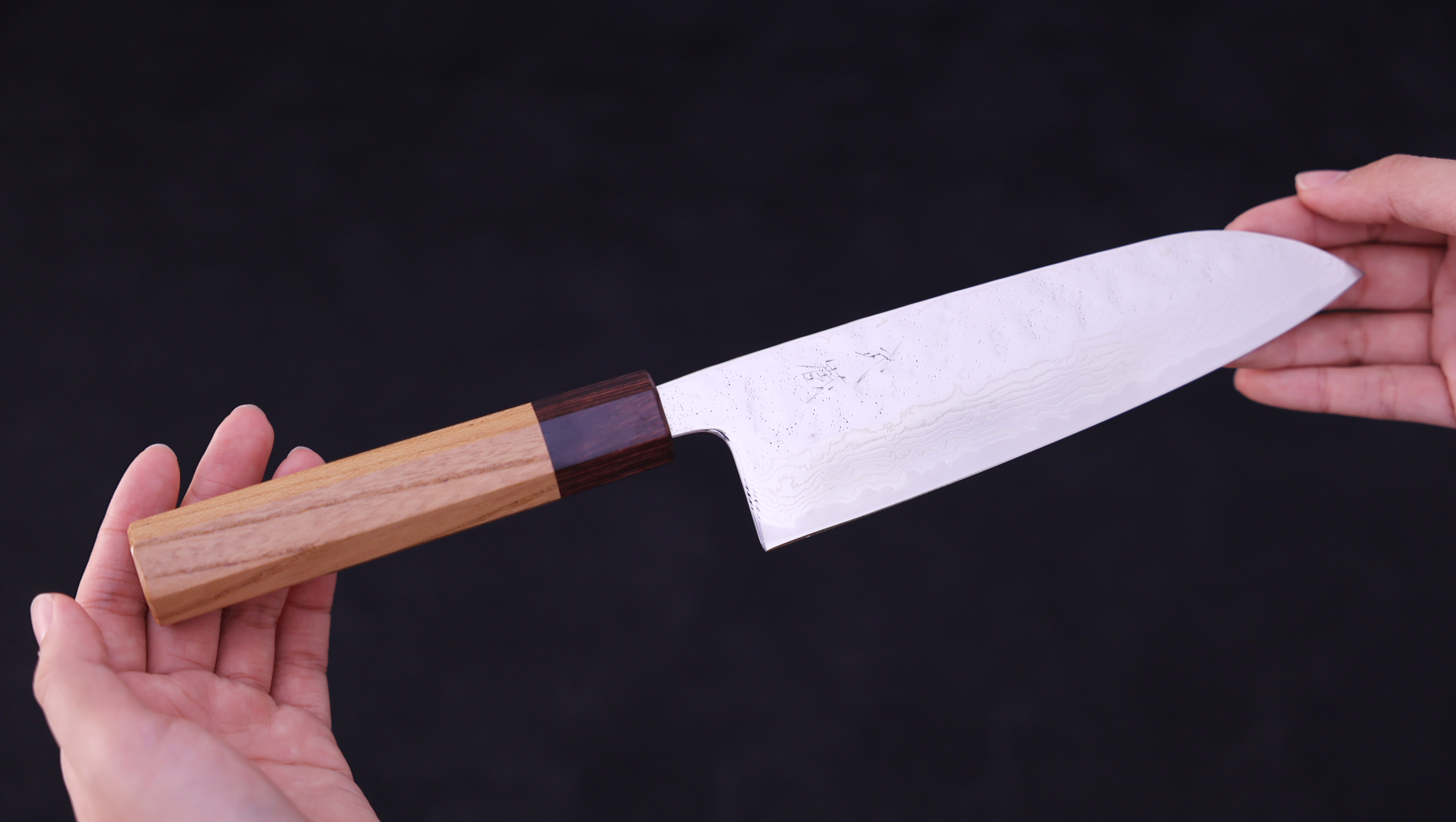 Japanese kitchen knife with Zelkova handle against a dark background