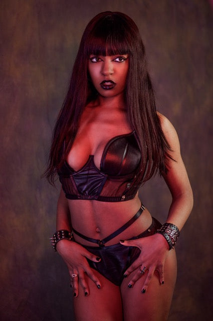 BDSM edgy leather underwear half cup wired bra with flattering panels and adjustable back straps