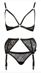 Open cupped harness bra and open gusset knickers with garter belt 