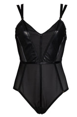 Leather panelled bodysuit with spilt crotch and open bum