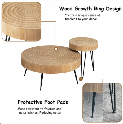 2-Piece Modern Farmhouse Living Room Coffee Table Set, Nesting Table Round with Han