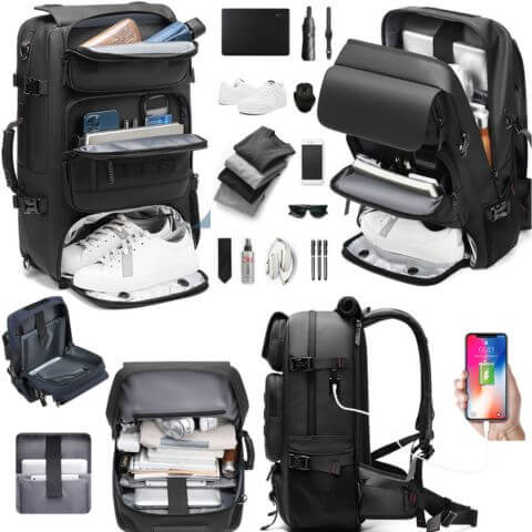 best 17" laptop travel backpack purse in heavy duty waterproof fabric with shoe compartment trolley sleeve built in charger convertible into a messenger or luggage bag for hiking, camping, sports or holiday large capacity up to 50L