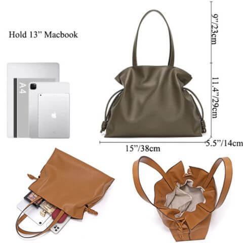 women classic soft leather tote bag with drawstring to hold 13 inch laptop for work or travel