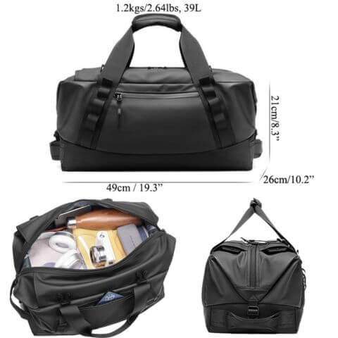 convertible backpack duffle bag in black waterproof nylon with dry wet separation for men or women travel or holiday