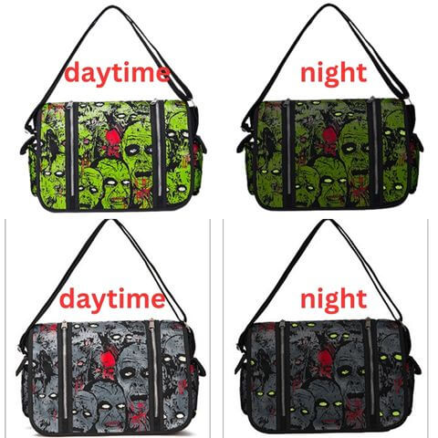 unisex canvas crossbody messenger bag in gothic zombie prints with luminous glow in the dark effect