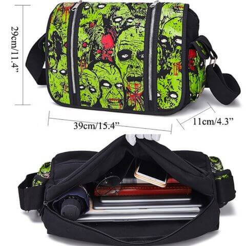 designer canvas crossbody messenger bag with glow in the dark zombie prints for men and women