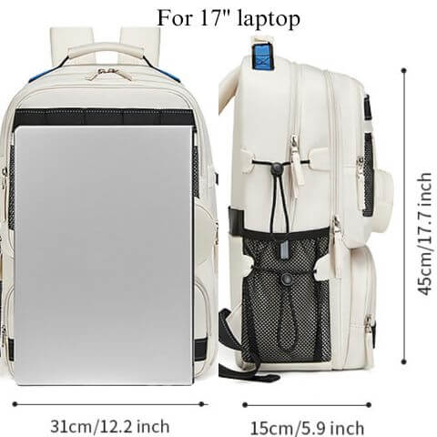 17" laptop backpack in water resistant fabric with dry wet separation trolley sleeve and detachable hanging purse for work, travel, hiking, camping or sports for men or women