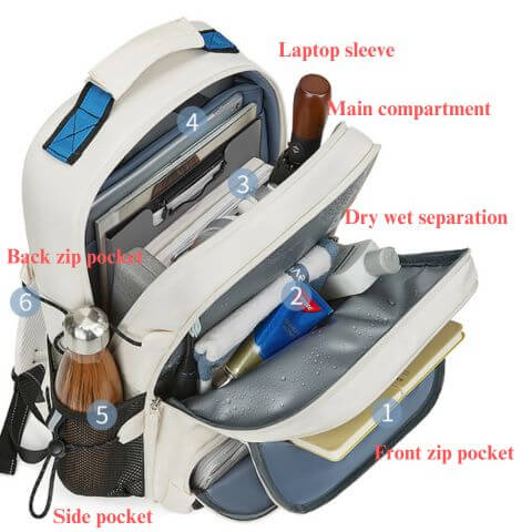 17" laptop travel backpack in water resistant fabric with dry wet separation trolley sleeve and detachable small purse for hiking,camping,work or sports for men or women