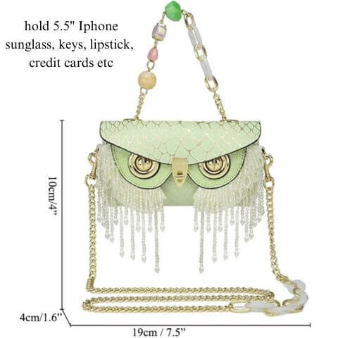 designer evening clutch bag with unique bling tassel in owl head with crossbody chain strap