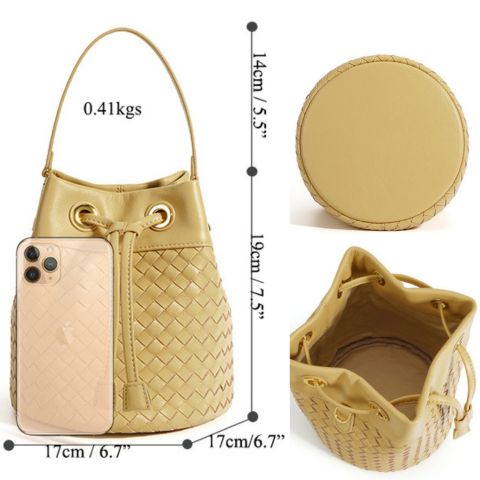 women small woven leather bucket purs ewith drawstring closure top handle and detachable long strap