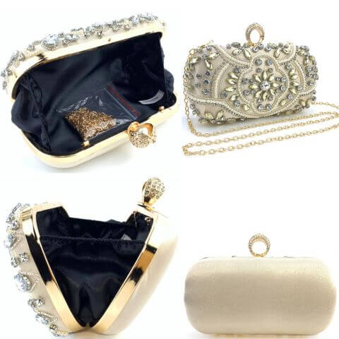 designer evening clutch bag with bling rhinestones and crossbody chain strap for party or wedding--inside
