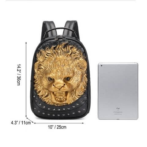 Size for unisex backpack with 3D embossed lion head & studs
