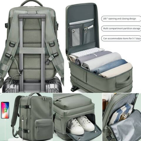 travel backpack for 16 inch laptop in waterproof nylon with shoe compartment dry wet separation and trolley sleeve for business hiking or sports