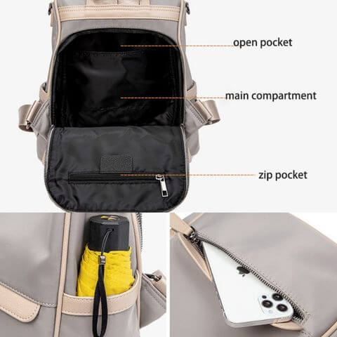 construction for fashion ladies laptop backpack in waterproof nylon with anti theft zip pocket