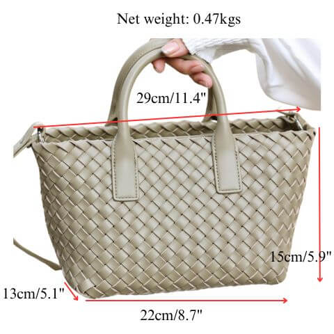 women small designer tote bag in woven leather with crossbody long strap and small pouch