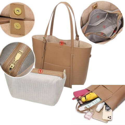 women designer leather tote bag with adjustable strap and small pouch