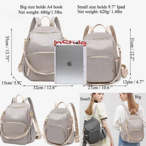 women fashion backpack purse in waterproof nylon with multi pockets & convertible detachable straps